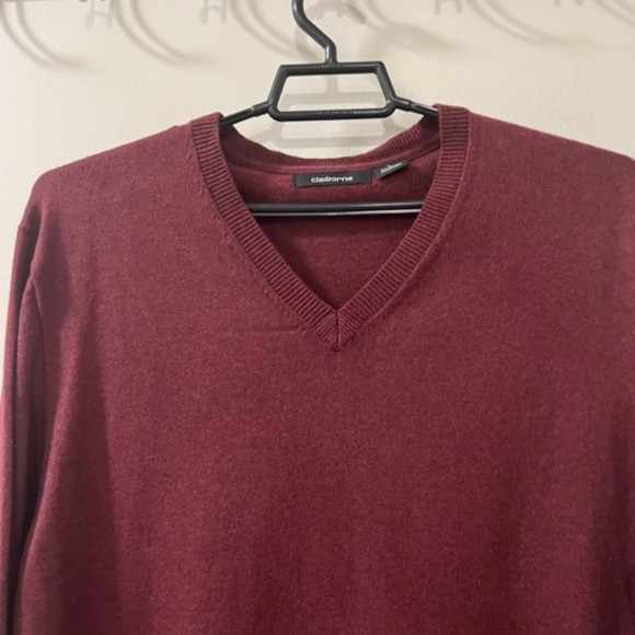 Claiborne Mens Maroon V-Neck Cotton Cashmere Blend Pullover Sweater Size LG - Picture 3 of 11